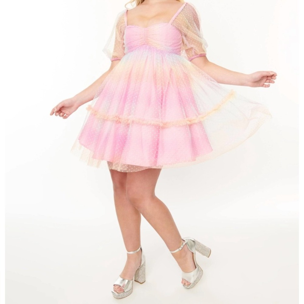 NWT Smak Parlour 1960s Pink‎ Rainbow Polka Dot Tulle Puff Sleeve Baby Doll Dress
